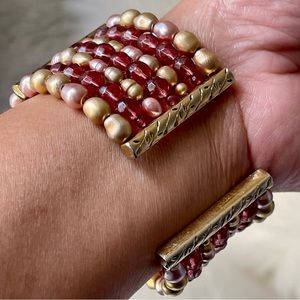 MONET |VTG| Beaded Cuff Dusty Rose Pink Lucite Champagne Taupe Pink Faux Pearls